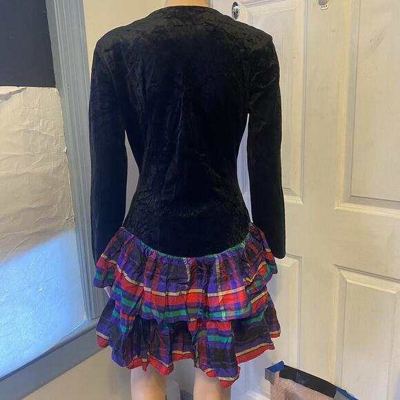 Vintage 90s ByerToo! Women Dress 7/M Black Velvet Multicolor Ruffle Skirt Retro - Picture 11 of 13